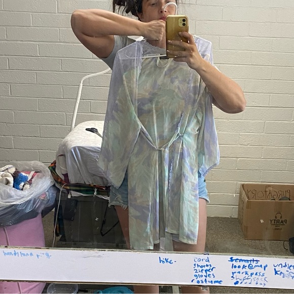 Pretty Sheer Robe Wrap Pajama Loungewear Mesh Floral Purple Green Lingerie Tie M - Picture 2 of 6